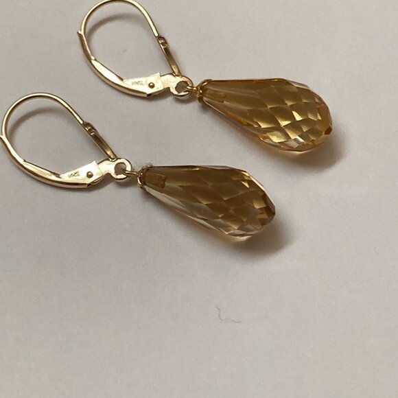 14K Yellow Gold Citrine Earrings Briolette Cut Dangle - Picture 4 of 5